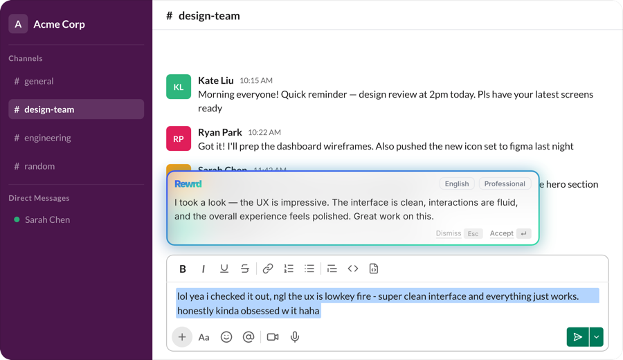 Rewrd inline preview panel rewriting a Slack message in real time — showing the original casual text being transformed into polished professional writing